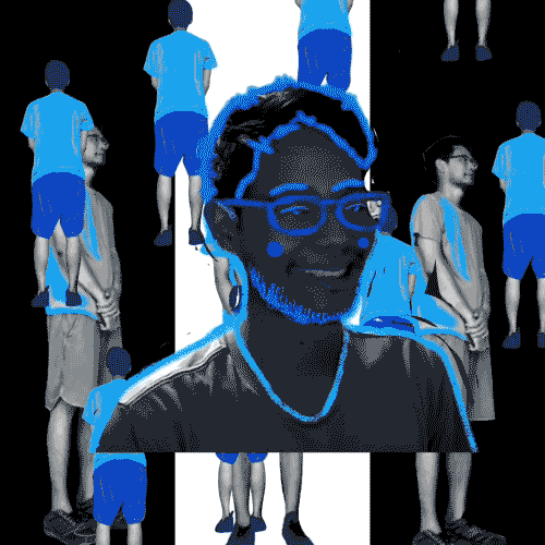 A monochromatic gif of Narong Tintamusik which features the artist in various poses standing up and smiling