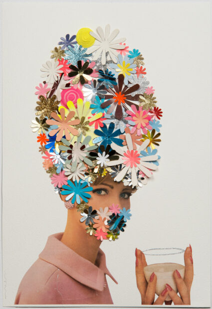 Photo of a woman with paper flowers collaged on her face and head