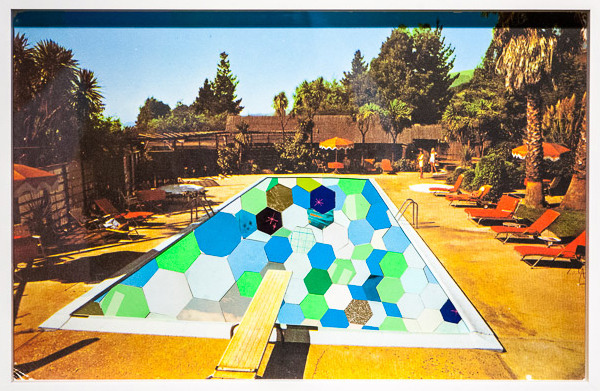 Collage of a backyard pool with hexagonal sheets of different colors paper in greens and blues