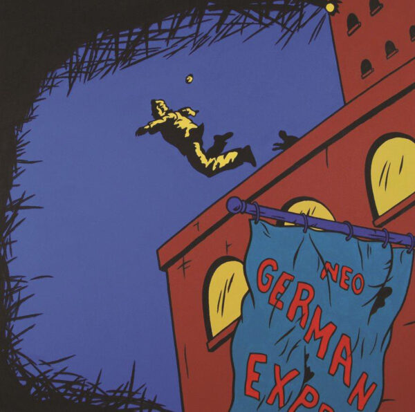 A graphic novel style acrylic painting by Ed and Linda Blackburn. The painting appears to show a man falling or being pushed off a building at night time. Text on a banner in the foreground reads, "Neo German."