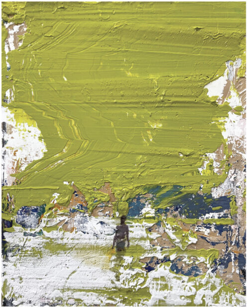 Painting on canvas with thick impasto and green and white layers and a figure in the middle of the plane