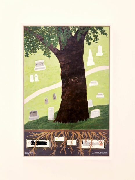 Painting of a tree and its roots leading down to bodies in coffins underground