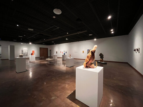 Sala de una galería con paredes blancas en la que se pueden ver varias piezas de arte en los muros y otras sobre bases blancas a lo largo del espacio.