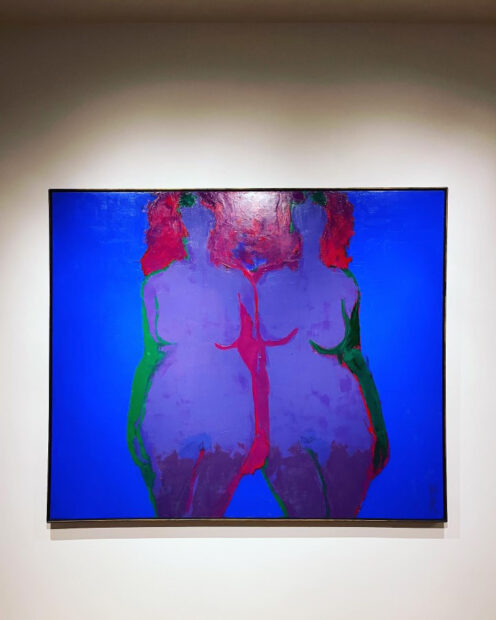 A painting of two nude female figures, both of which are shown in outline against a solid background.