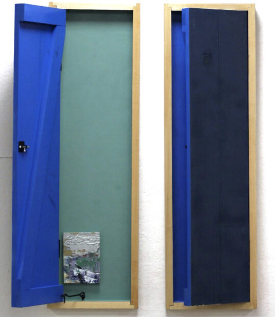 Two panel piece painted in blue and green with a painting inside one