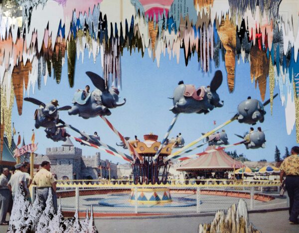 Disneyland ride of Dumbo elephants in the center with stalactite looking paper collaged around the edges