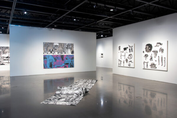 Exhibition installation view ofacrylic paintings on white canvas in a gallery space