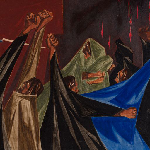 Painting with deep greens, reds, and blue tones of individuals with their fists in the air