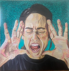 A painting by Sarah VonKain of a person with their eyes closed tight and their mouth open as if they are screaming. Their hands are held at the sides of their face.