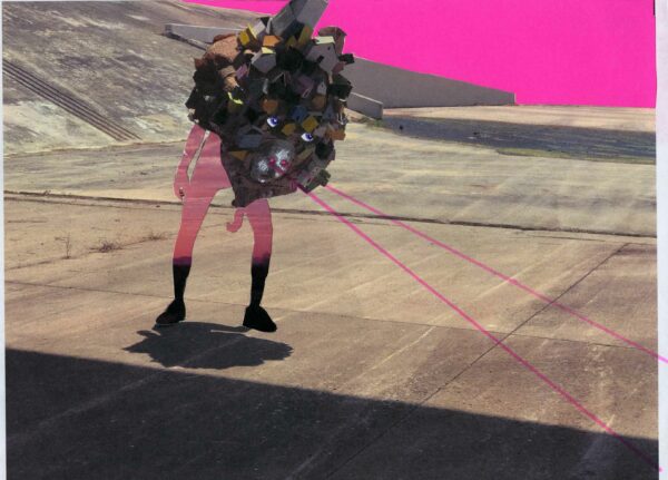 Image of an transparent individual in a drainage culvert with objects in the shape of houses covering their face and torso, and beams of pink light shooting from them