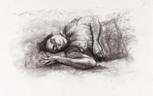 A black and white drawing of a person sleeping on their side.