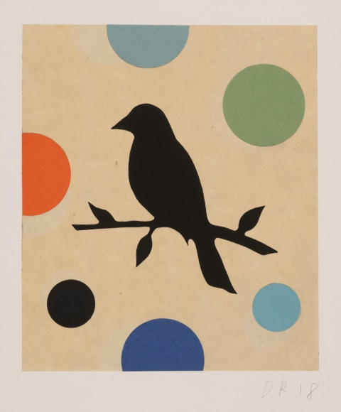 An artwork featuring the silhouette of a bird sitting on a branch, in front of large colored dots.