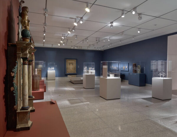 Installation view of personal and ritual objects of Judaica