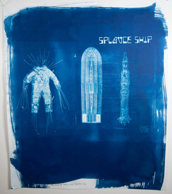 A cyanotype by Christopher Blay featuring drawings of three sculptures.