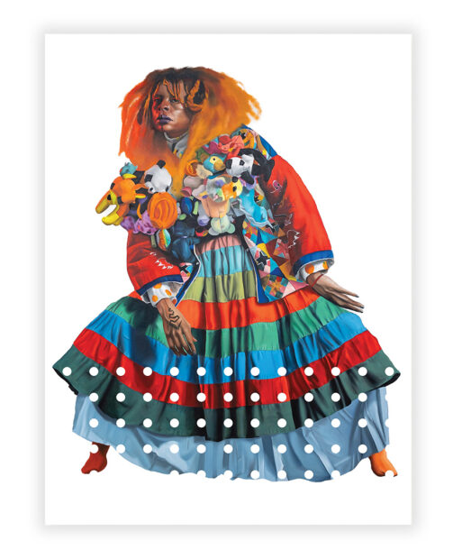 A painting by Jeremy Biggers of a figure wearing a colorful multi-layered outfit with stuffed animal toys sewn onto the jacket. The person has bright orange hair.