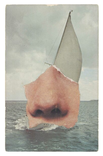 Collage on a postcard of a seascape with a nose