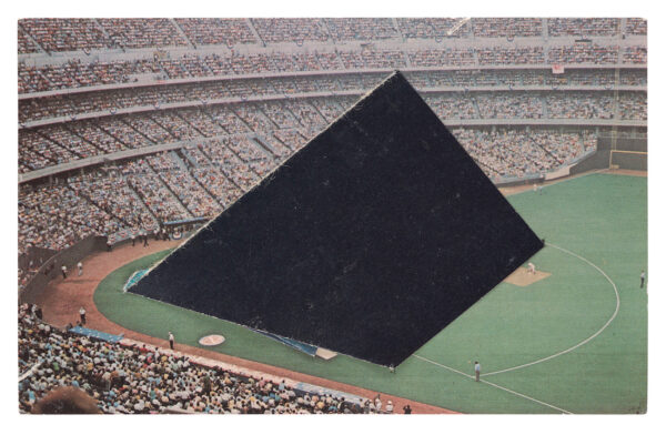 A small postcard collage by Ellsworth Kelly. The artwork features a black polygon placed atop a postcard depicting the Cincinnati Riverfront Stadium.