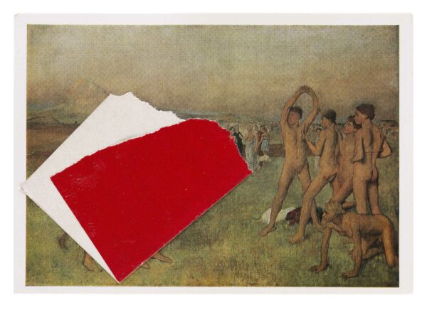 Postcard of nude people in a field with a large white and red rectangle collaged on top