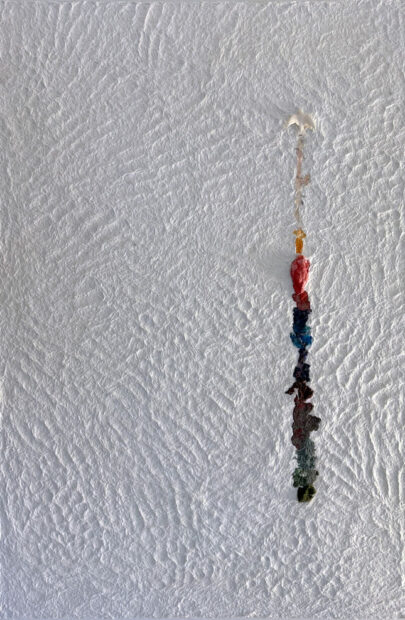 A mixed-media work by Jenn Hassin of a white dove on a mostly white background. Behind the bird is a rail of colors like a rainbow.