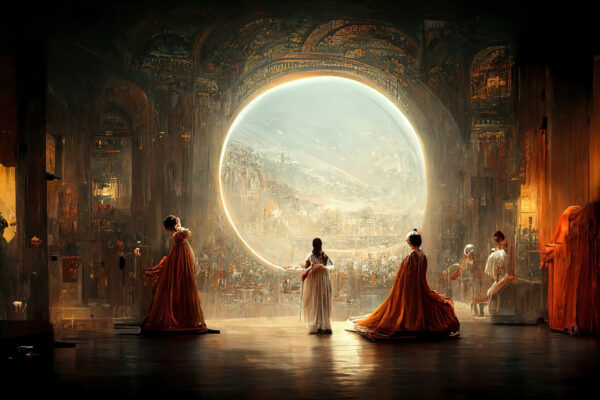 A digital artwork featuring people in elegantly dressed costumes. The figures are backlit by a circular hole that looks out of the elaborately decorated room.