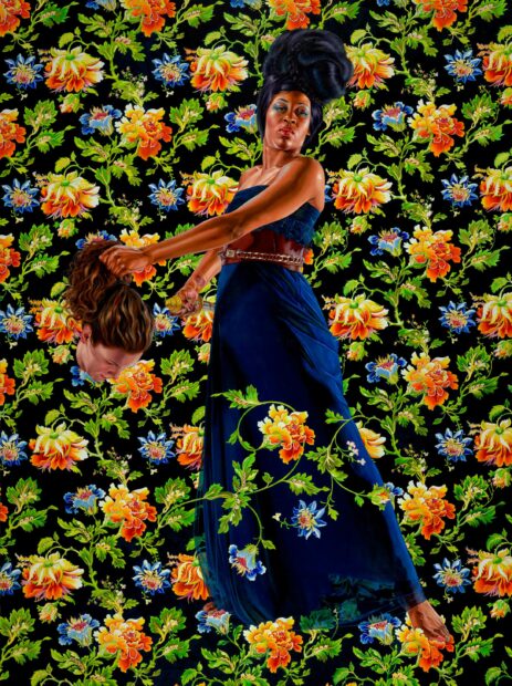 Painting of a woman standing in front of a backdrop of flowers holding a severed head