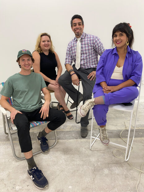 A photograph of Love Texas Art Studio Residency Artists, Kyle Hanson, Ariel Davis, Bernardo Vallarino, and Mariell Guzman.