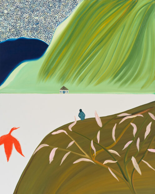 A painting by Matthew Wong painted in a simplified style. A small figure sits at the edge of a hill and looks across a vast white space at a small home at the bottom of a large mountain.