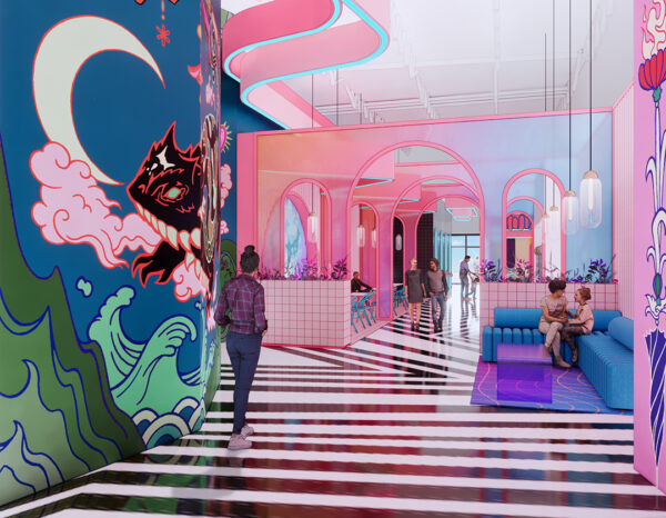 A digital rendering of the future lobby of the Meow Wolf Grapevine location.