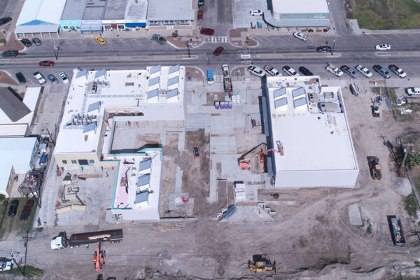 An aerial photograph of construction at the Rockport Center for the Arts.