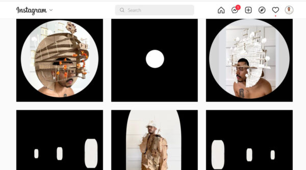 Screen shot of the artists instagram feed with images of people and black and white circles