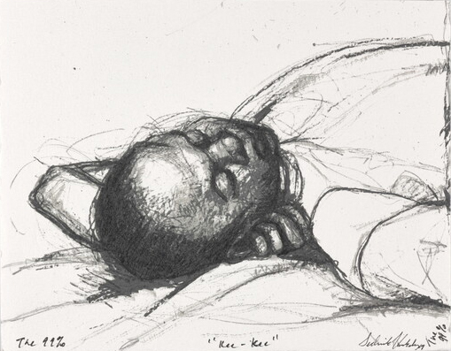 A black and white drawing of a person sleeping on their back, with their arm under their head.