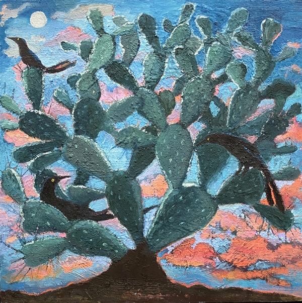 A small-scale painting by Sirena LaBurn of three black grackles sitting on a cactus. The moon appears in the sky as the sun sets behind the horizon.