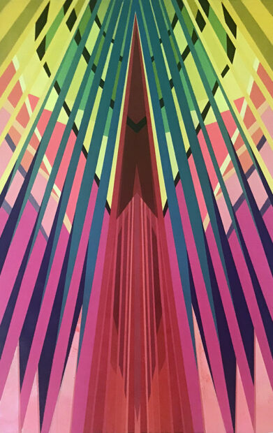 A colorful painting of pinks, greens, and yellows vertically oriented with lines rising to the top of the canvas