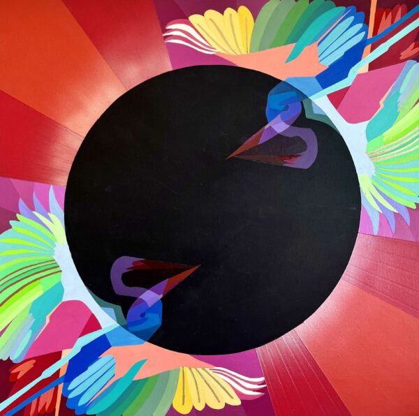 Detail of a painting with two colorful cranes on each side of a dark sphere