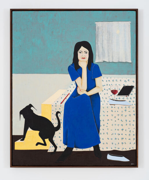 A painting by Clare Rojas of a woman wearing a blue dress and sitting on the edge of her bed. She rests her head on her hand and has her knees crossed. A wine glass sits in a shoe on the bed next to her. The base of the bed has a small staircase where a black dog stands.