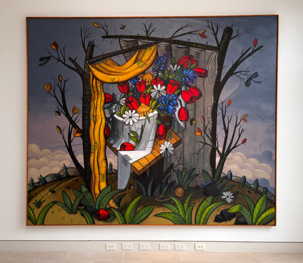 A large-scale painting by Richard C. Thompson. The image depicts an outdoor still life arrangement rendered in an abstracted style. 