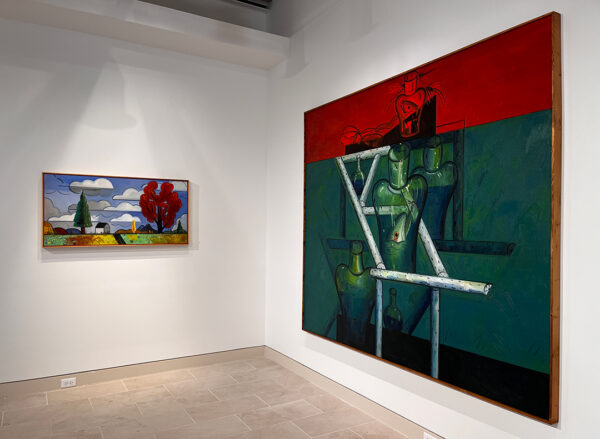 An installation image of Richard C. Thompson's "Red Tree" and "Horizon/Heat."