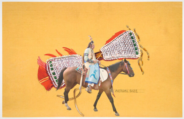 An inkjet print by Wendy Redstar featuring a Native American person sitting atop a horse. The figure is set against a yellow background and the text "Actual Size" appears near the figure and horse.
