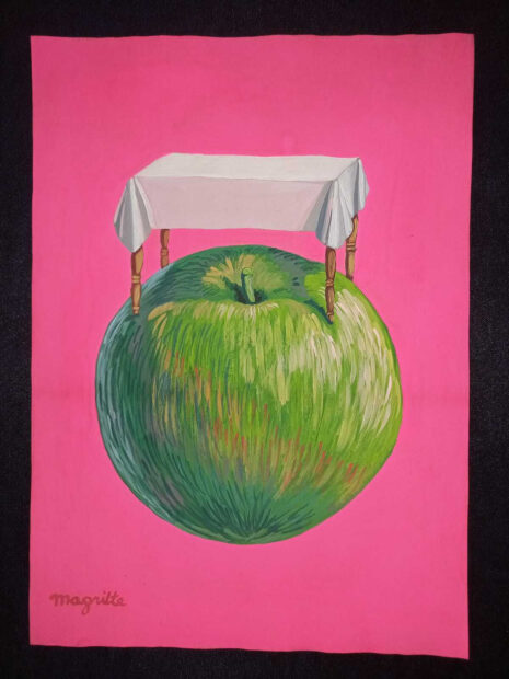 A drawing of a table with a table cloth, standing on top of a green apple. The drawing is on pink paper.