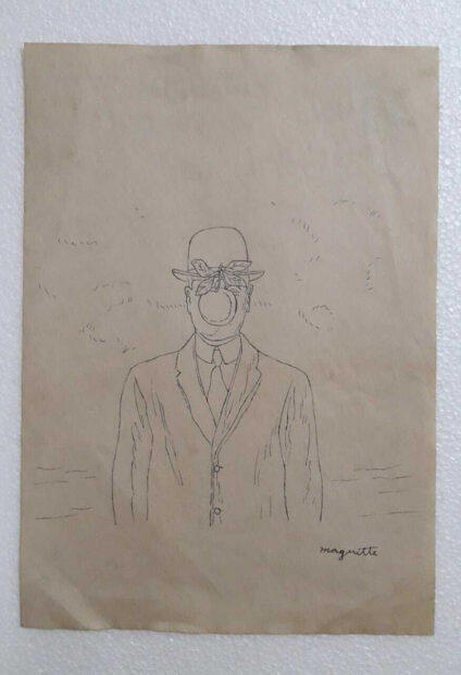 A line drawing of a person in a bowler hat, with an apple in front of their face.