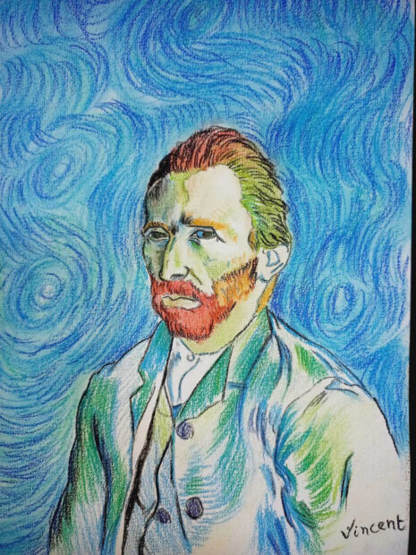 A drawing in the style of Van Gogh, featuring a portrait of the artist in front of a swirling, dynamic background. 