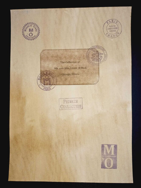 The back of a drawing on old paper, featuring many stamps and a provenance label.