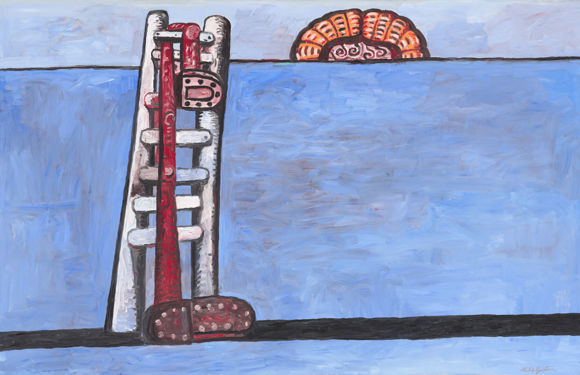 A painting by Philip Guston featuring a white ladder resting against a tall blue wall. A pair of elongated and distorted legs are tangled in the ladder while the rest of the figure appears to be on the other side of the wall.
