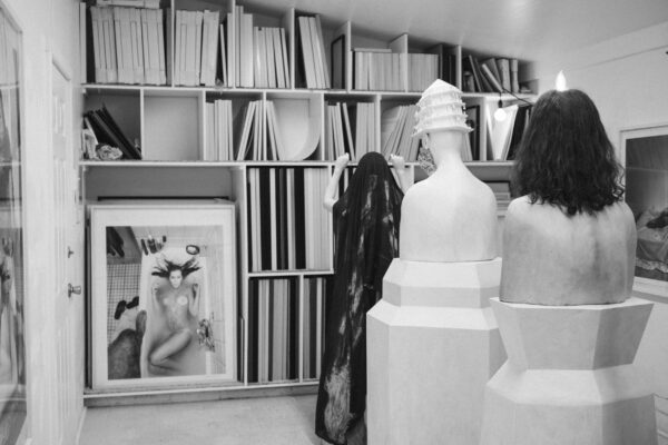 Photo of sculptures, a photograph of a woman in a bathtub, and works stored in shelves on a wall