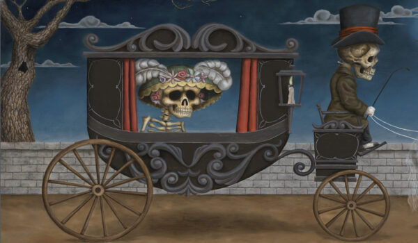 Two skeletons, one driving a carriage and the other in it