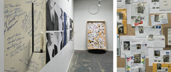 Installation view of work on a wall and leaning against a wall