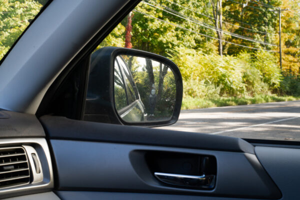 A skull reflected in a rear view mirror