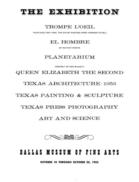 A scan of a historical document from 1953 showing the table of contents for the State Fair of Texas Art Exhibition brochure.