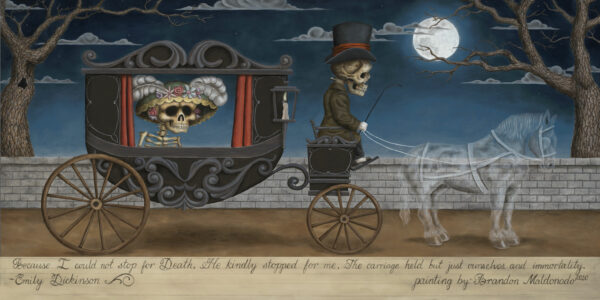 Image of a catrina in a carriage being driven by a catrina driver