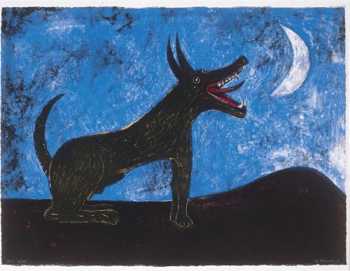 A lithograph by Rufino Tamayo featuring a black dog howling at the moon.